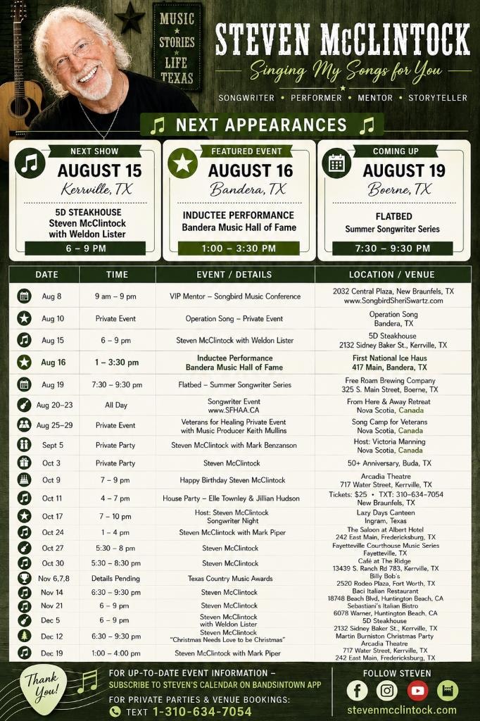 Steven McClintock Event Calendar — Singing My Songs for You tour dates and appearances